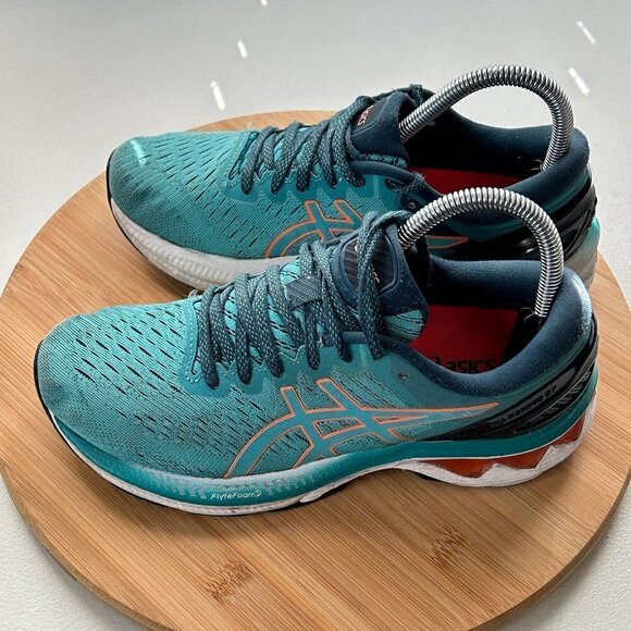 ASICS Women's Gel-Kayano 27 Teal Blue Orange Running Shoes Size 7 (US) - Picture 1 of 7